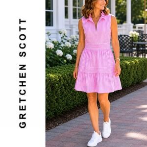 NWT, Gretchen Scott, Hope Dress Pink White Stripe Ruffle Collar Sleeveless Small